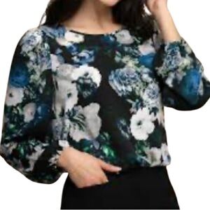 Rickis Floral Print Relaxed Balloon Puff Long Sleeve Blouse Black Blues Grey M